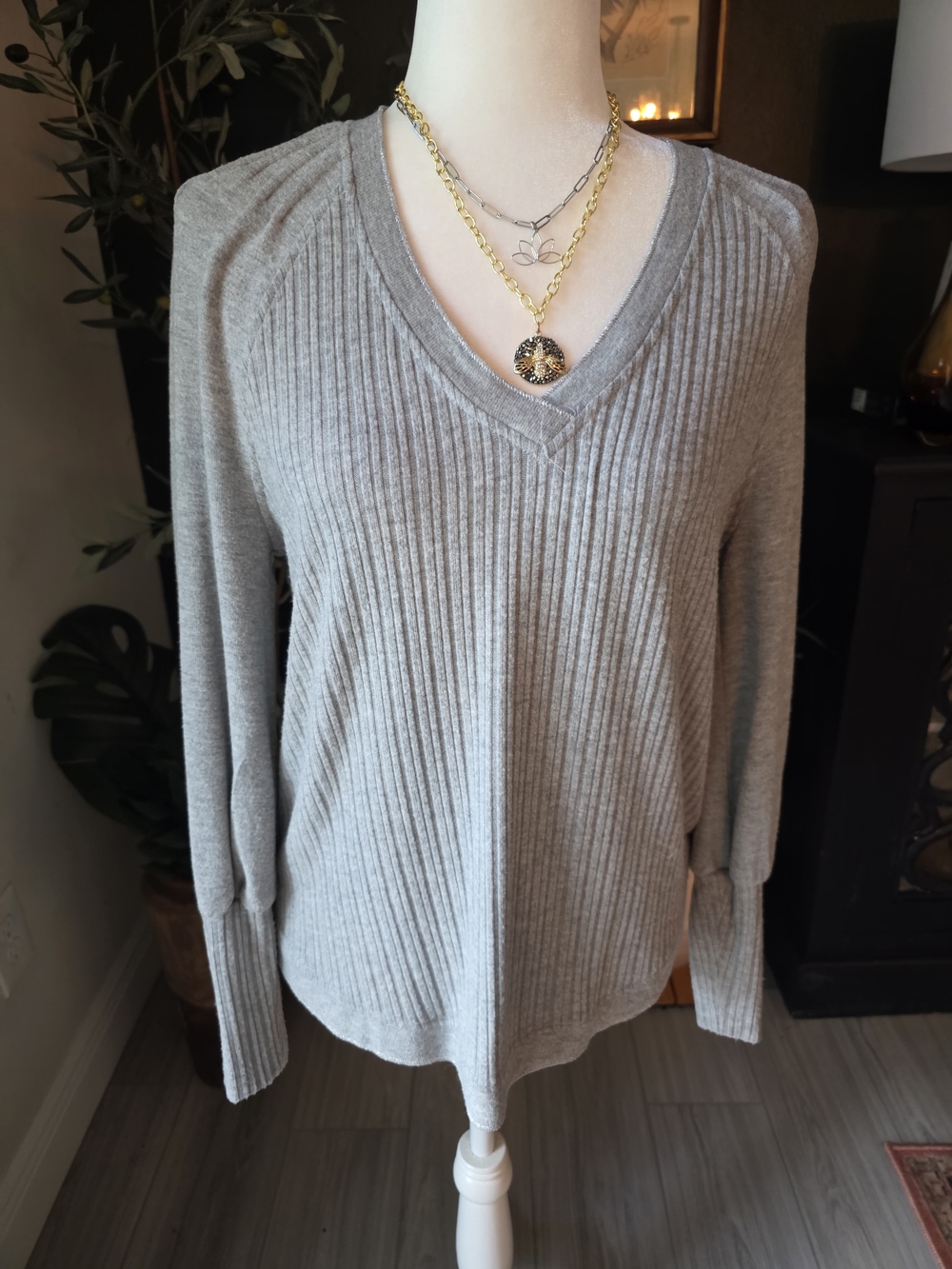 Democracy Ribbed V-Neck Sweater in Light Gray